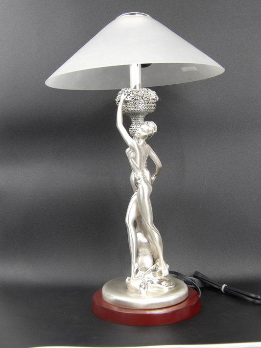 Silver Resin Lamp – Woman Sculpture with Flower Pot: An Artistic Lighting Accent