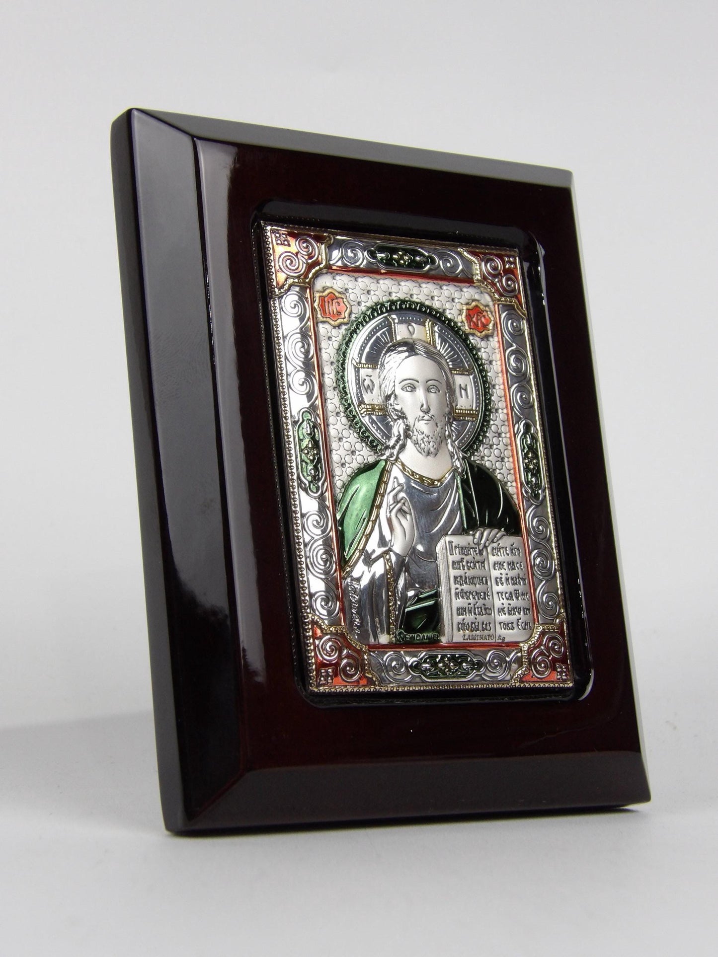 Colored Silver Jesus with Holy Bible in Wooden Frame