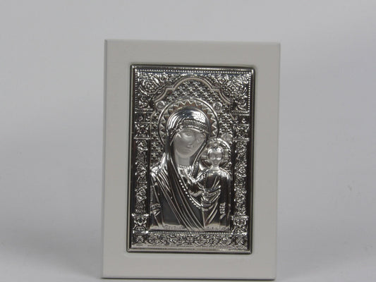 Silver Laminated Religious Artwork on White Wood Base, Handcrafted in Italy Madonna with Jesus