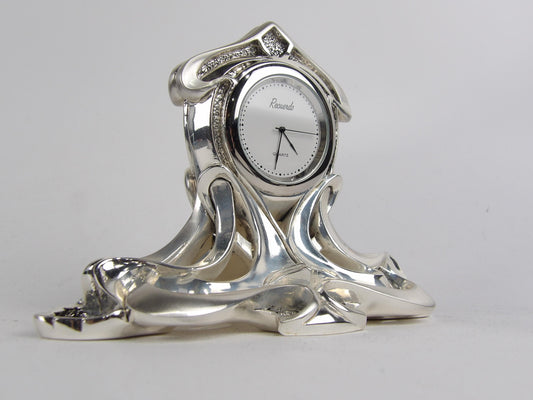 Reloj de mesa de resina plateada con decoraciones de esmalte | Elegante reloj de escritorio | Reloj de cuarzo decorativo
