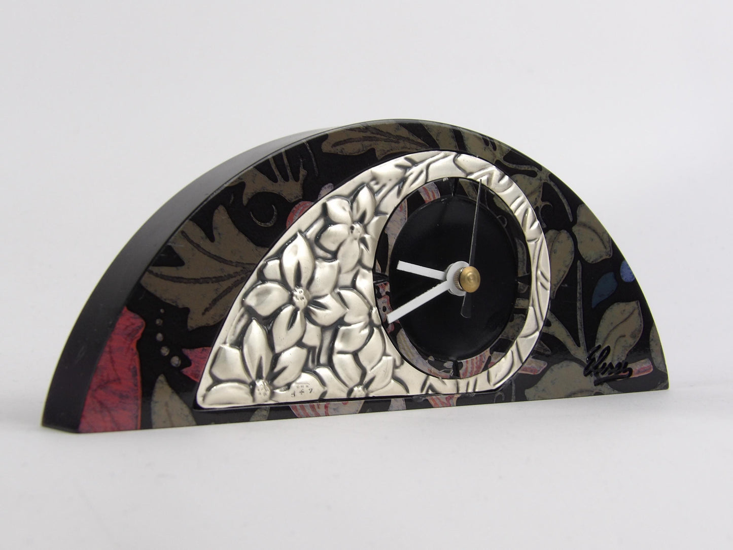 Black Mahogany Table Clock with Silver-Coated Bilaminate Floral Design