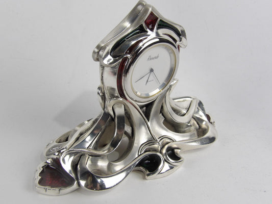 Reloj de resina plateada con esmalte rojo y verde | Reloj de escritorio estilo Art Nouveau | Reloj decorativo de cuarzo